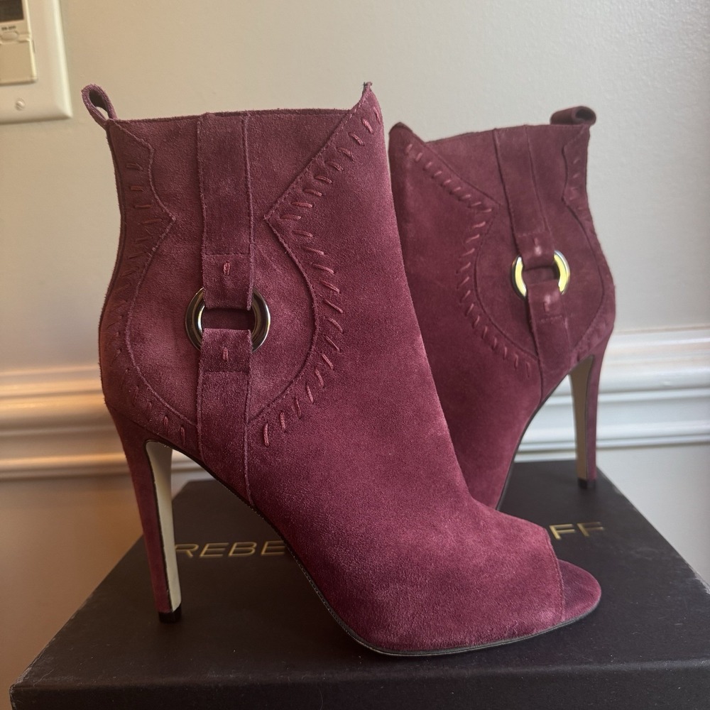 Rebecca Minkoff Ridley‎ Booties 9M Dark Maroon Suede Peep Toe High Heel NIB